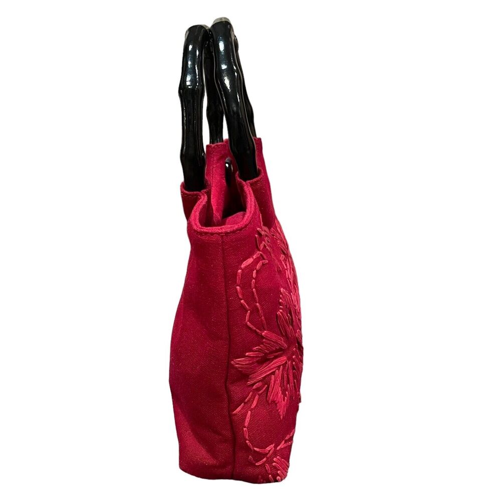 Forever by Fossil Red Floral Embroidered Purse Handbag Bamboo Handle Boho Chic - Picture 4 of 8